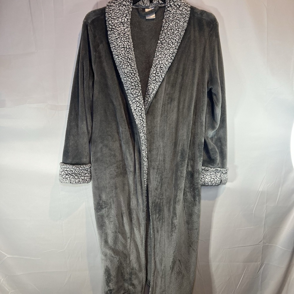 Secret Treasures Women's Large 12-14 Plush Gray Robe Fur Trim MissingTie Closure